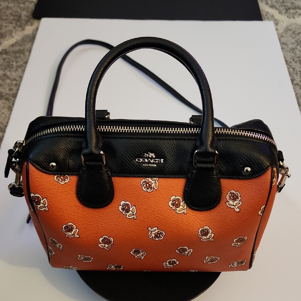Coach Mini Bennett  Black and Orange Floral Satchel